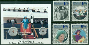 Фалкленды Депенденс, 1985, 85 лет королеве матери, 4 марки, блок
